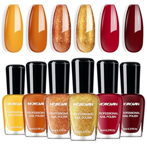 Morovan Orange Nail Polish Set: 6 Gold Maple Leaf Nail Polish Kit 2025 Glitter Autumn Fingernail Pumpkin Yellow Burnt Orange Art Quick Dry Nail Regular Mini Bulk Manicurist Women Girls Gift
