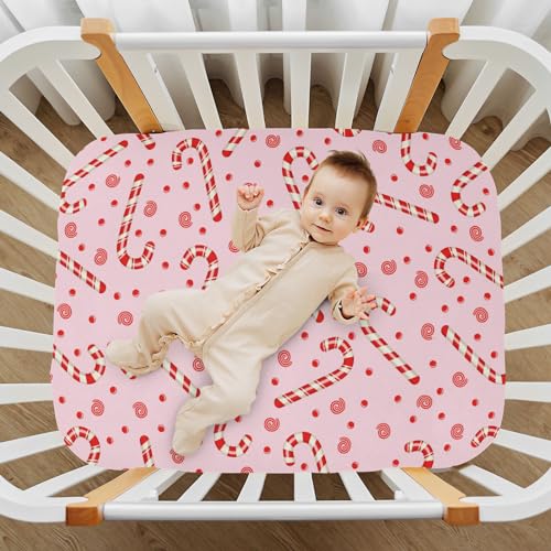 Image of Candy Cane Christmas Pink Crib Sheets Soft Breathable Fitted Baby Playard Sheets Mattress Cover for Girl Boys, 39 inch x 27 inch x 5 inch