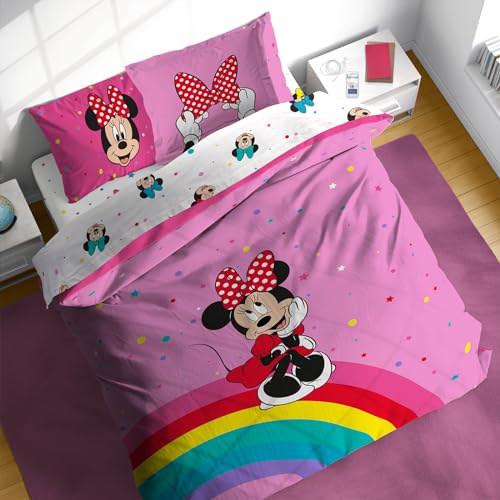 Image of Sunny Side Up Disney Minnie Mouse Full Comforter Set - 7 Piece Kids Bedding Includes Comforter, Sheets & Pillow Cover - Super Soft Rainbow Dots Microfiber Bed Set