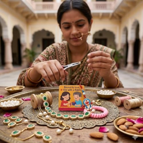 Image of SAUDEEP INDIA Decorative Fridge Magnet for Refrigerator Decor | Free Family Rakhi Set for Bhaiya Bhaiya Kid | Raksha Bandhan Gift Combo | Cotton Thread Rakhi Festive Home Decor(Green Stone)