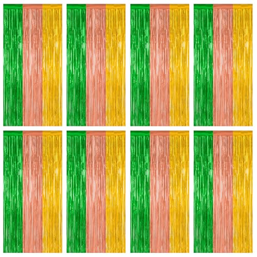 Image of ZATAYE 8 Pack Green Brown Yellow Hawaiian Luau Foil Curtain Decorations | Green Brown Yellow, Metallic Foil, 3.28 x 7.05 FT, Tinsel Backdrop, Foil Curtain Streamer, Luau Party