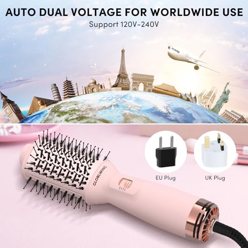 Image of Automatic Dual Voltage Travel Hair Dryer Brush Compact Mini Hot Air Brush with European Plug One Step Blow Dryer and Styler for Women, Oval Barrel 3 Heat & 2 Speed Settings
