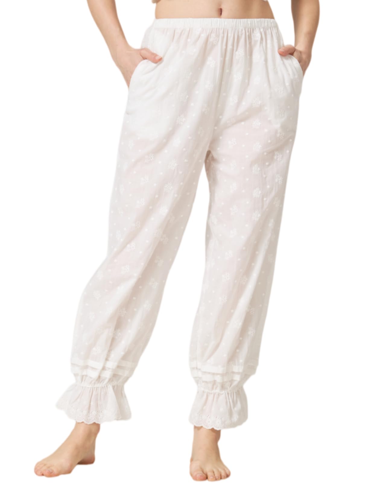 BEAUTELICATE Pantalones de Pijama para Mujer Estilo Vintage Victoriano Pantalones Largos de Algodón con Volantes Cómodos Blanco