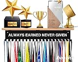 ALWAYS EARNED NEVER GIVEN Trophy and Medal Hanger Display Shelf,Soccer Trophy Shelf with 20 hooks for Medals,Sturdy Soccer Trophy Shelf in Black Metal Wall Mount Over big Medals Trophy Display Shelf -  XFUNPLUS