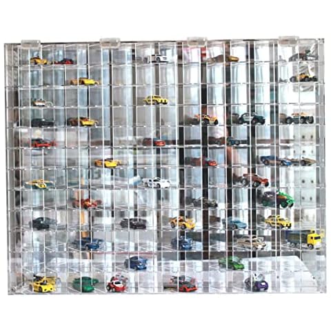 DisplayGifts Clear Acrylic Display Case for 1:64 Scale Hot Toy Cars Wheels Model Cars Display with 144 Compartments in 45 Degree Angle, Clear, UV Protect 22.5 X 30.4 X 3 Inches, Wall Mounted Storage Cover