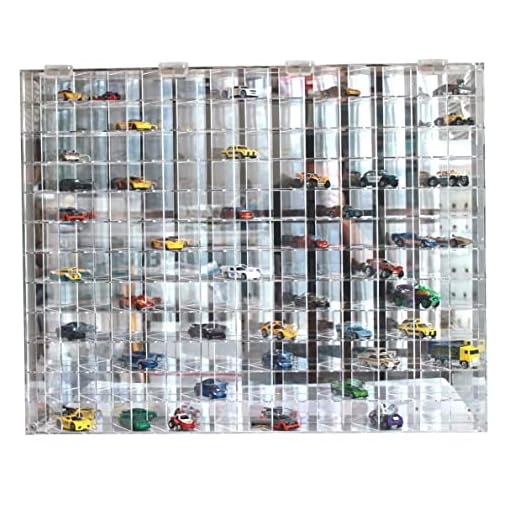 DisplayGifts Clear Acrylic Display Case for 1:64 Scale Hot Toy Cars Wheels Model Cars Display with 144 Compartments in 45 Degree Angle, Clear, UV Protect 22.5 X 30.4 X 3 Inches, Wall Mounted Storage
