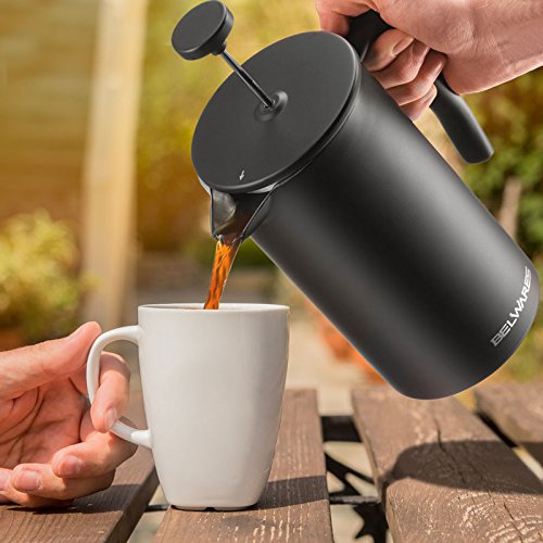 Belwares Large French Press Coffee Maker with Extra Filters for a Richer and Fuller Coffee Flavor, Designed with Double Wall Black Stainless Steel (50oz) Perfect Gift Idea