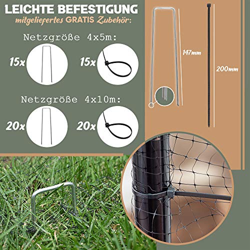 Teichnetz, Gartennetz, Vogelschutz-Netz, Pool Netz, Obstbaumnetz, Vogelabwehr-Netz, Laubnetz, Witterungs- & UV-beständig, robust, 15x Erdhaken & 15x Kabelbinder (4 x 5m)