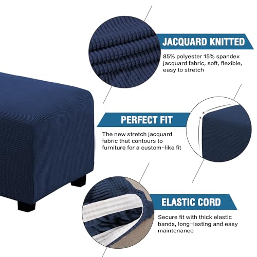 Image of H.VERSAILTEX Ottoman Cover Slipcover Rectangle Fit Length 29 inch-34 inch Footrest Sofa Slipcovers Stool Cover Footstool Protector Covers Feature Stretch Thick Soft Jacquard Fabric Removable Washable - Navy
