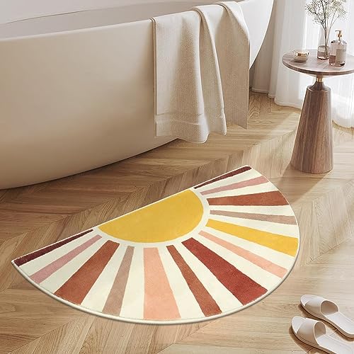 Uphome Boho-Badezimmerteppich, Vintage, bunt, Sonnenbadmatte, rutschfest, weich, niedlich, halbrund,...