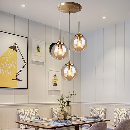 Lustre doré Spoutnik Suspension Luminaire Moderne avec Globes en Verre fumé Plafonnier réglable en Hauteur Contemporain pour Salle à Manger sur Table Salon...