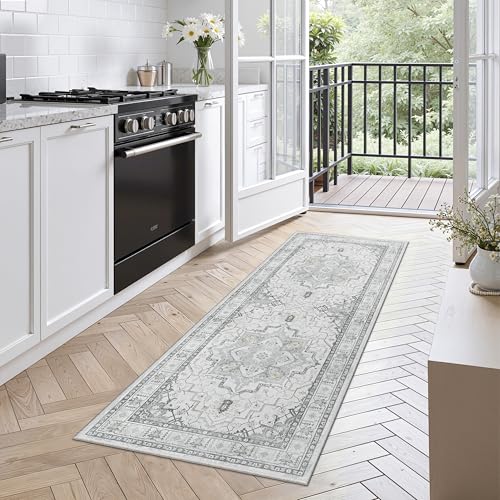 Madane Washable Runner Rug - 2x6 Rug Runners for Hallways 6 Foot Non Slip Vintage Kitchen Runner Rug Ultra-Thin Bathroom Runner Rugs Carpet Laundry Room Bedroom (2x6ft, Grey)