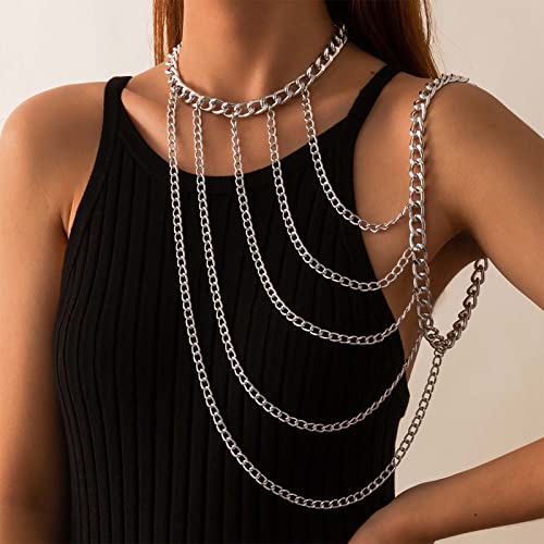 Yienate Sexy Harness Körper Kette Boho Silber Halskette Choker Schulterkette Mehrreihige Klobige Kubanische Armkette Einzigartige Geschichtete Schulterkette Körperkette Schmuck Accessoires Für Frauen Cover