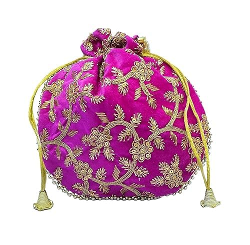 IGH Handmade Womens Velvet Embroidered Potli Purse | Indian Drawstring Bag | Pink Ethnic Handbag for Weddings & Parties (Pink 1 Pcs)