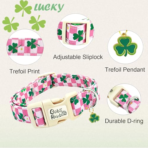 Image of St Patrick's Pink Plaid Trefoil Dog Collar for Medium Dogs | Daily Walks,Irish Parade,Spring Picnic Hiking,Adjustable,Cotton Fabric,Quick Release Plastic Buckle,Pendant,Female /Male Dog