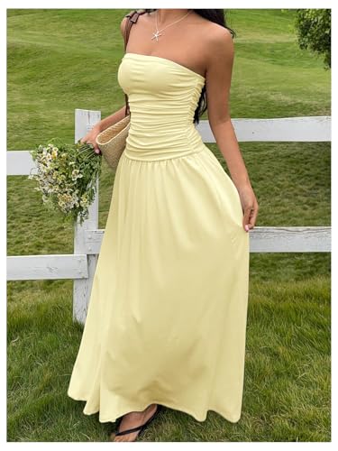 Milumia Women's Strapless A Line Bandeau Maxi Dress Summer Casual Ruched Long Dresses2