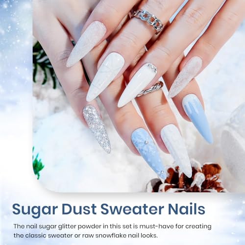 Image of Beetles Summer Gel Nail Polish Set 5 Winter Colors Dark Blue Glitter White Light Blue Silver Gel Polish with Sealing Gel Sugar Dust Powder Nail Sticker UV LED Needed Gifts for Women Sparkling Snow