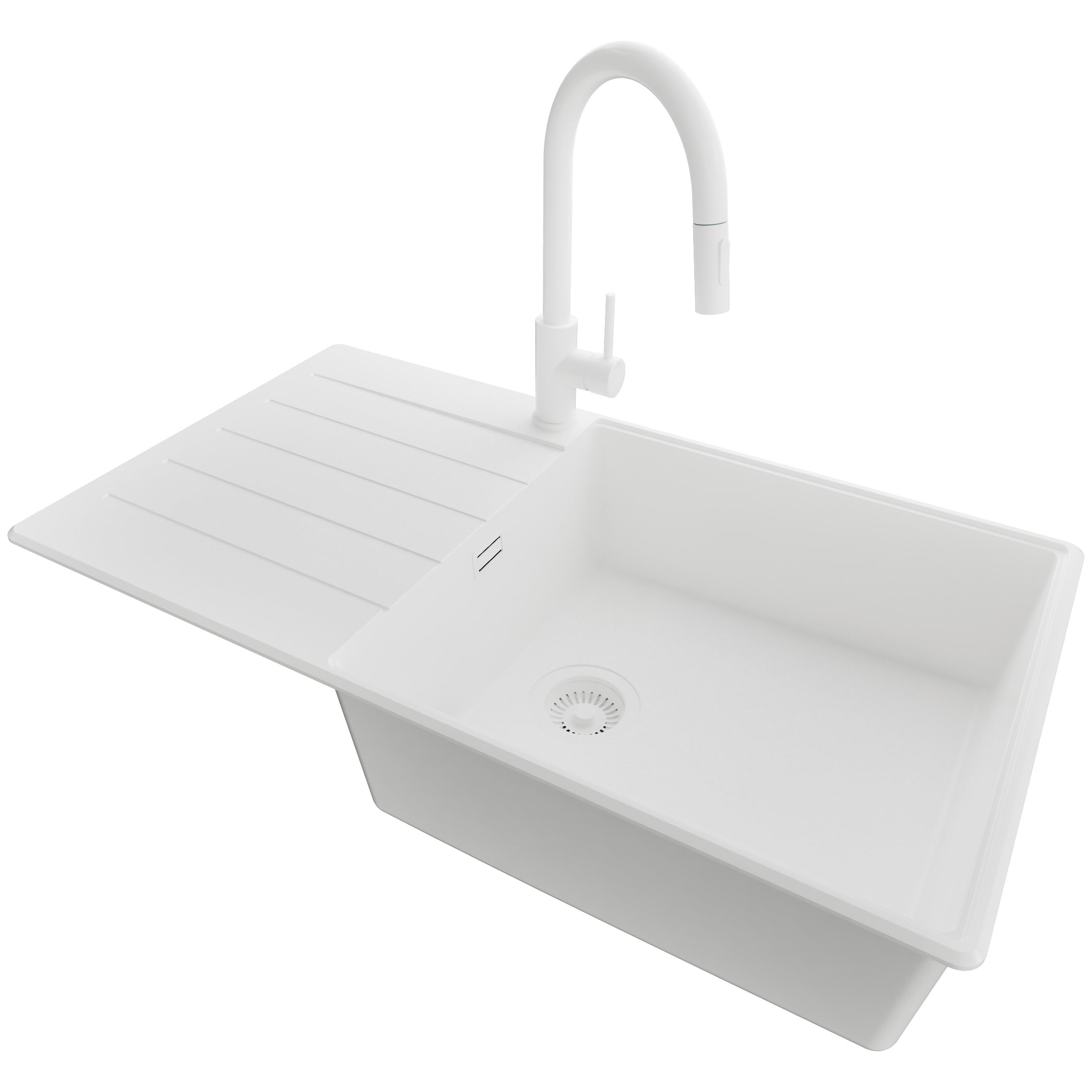 PRIMAGRAN Lavandino da Cucina Tutto Bianco 90x50cm, Lavello in Granito a 1 vasca + Rubinetto 40x20cm + Set di accessori, Lavabo da Cucina Incasso al Mobile 60cm - Copenhagen Top S680
