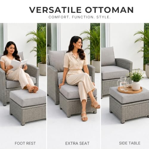 Image of DEVOKO 5 Pieces Patio Furniture Set Outdoor Sofa and Ottoman Set with Cushions & Center Table, HDPE Wicker Rattan for Lawn, Pool, Balcony, Backyard (Silver and Grey)