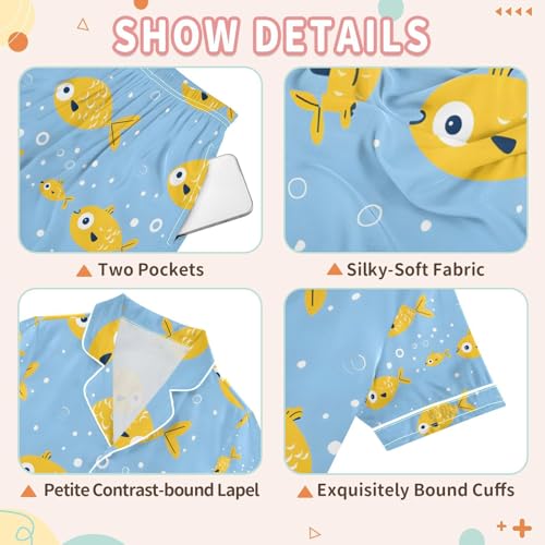 senya Yellow Fish Blue Satin Summer Pajama Sets Silk Short Sleeve Button Down Sleepwear3