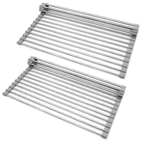 Traumarkeu 2 Pezzi Scolapiatti da Appoggio, Scolapiatti Pieghevole in Acciaio inox Sopra il Lavello della Cucina, Organizer Tappetino per Tazze, Spugne per Pulire,Frutta, Verdura(Grigio)