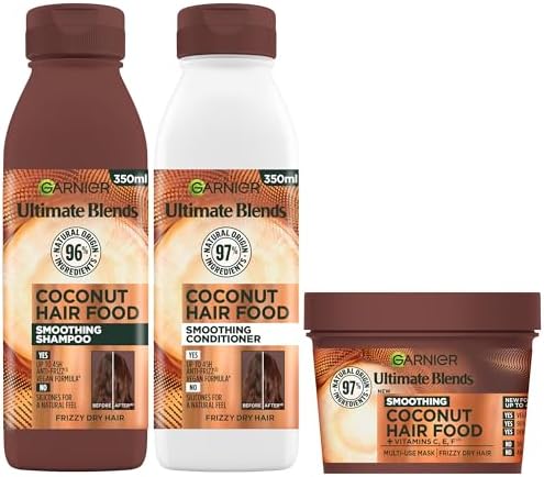 Garnier Nourishing And Smoothing Coconut Hair Food Shampoo, Conditioner And Mask Set, For Dry & Frizzy Hair, Protects From Frizz, Leaves Hair Nourished, Smoother & Silky