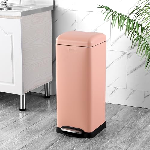 Image of happimess Betty 8 Gal Step Trash Can Soft-Close Lid, Flamingo Pink | Removable Liner, Semi-Rectangular, Steel Pedal, Iron Powder Coated, 27 inch Height, Non-Skid Base