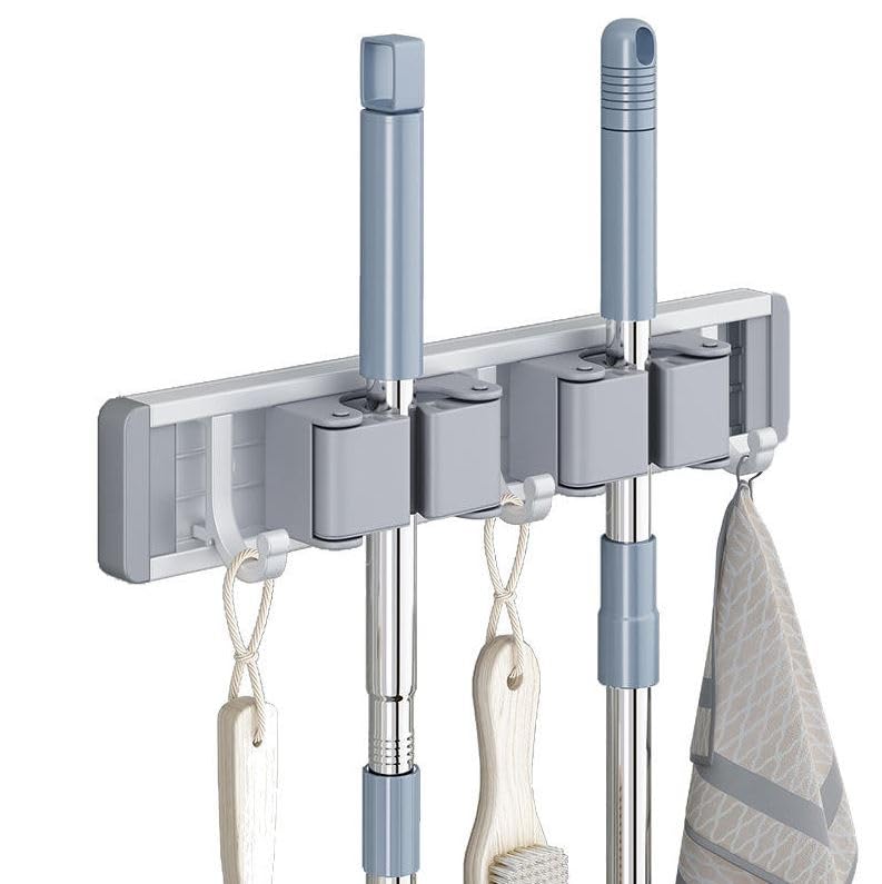 Image of STAR WORK Heavy-Duty Space Aluminum Wall Mop & Broom Holder, Waterproof Organizer with Dual Non-Slip Grips and Utility Hooks, No-Drill Adhesive Mount for Kitchen, Bathroom. (2 MOP HOLDER 3 HOOKS)
