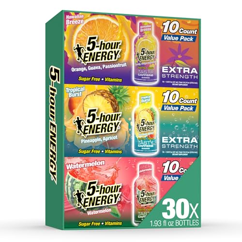 Image of 5-hour ENERGY VARIETY PACK Hawaiian Breeze, Tropical Burst & Watermelon Flavors, 30 Count, 1.93 Fl Oz Energy Shot, Extra Strength, Amino Acids, B Vitamins, Sugar Free and Zero Calories