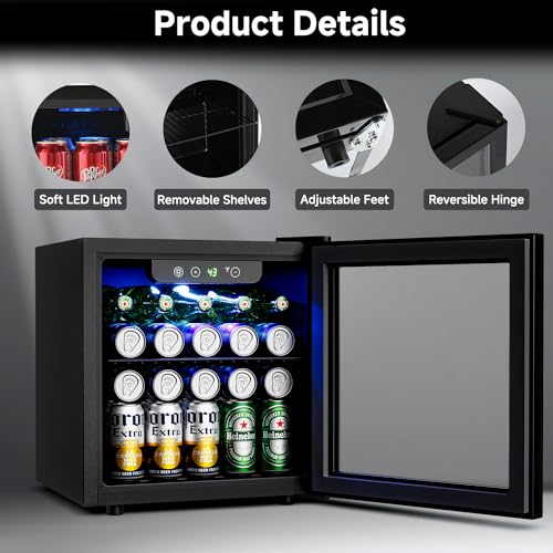 Beverage Refrigerator Cooler - 12 Bottle 50 Can Mini Fridge with Glass Door, Soda Wine Beer Drink Fridge - Small Refrigerator for Office Home Bedroom Dorm Bar, 1.3 Cu.Ft, Black