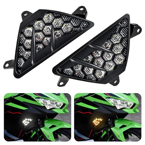 VEISUTOR LED Front Turn Signal Indicator Light for Ninja400 13-24, Amber Turning Lamp and White Daytime Running Lights Lamp for Kawasaki Ninja 400 Ninja 300 Ninja 650 Ninja 1000 2013-2024 Accessories