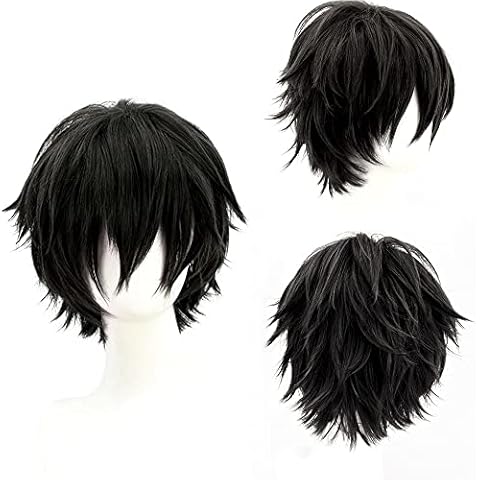 YEESHEDO Unisex Short Bob Anime Cosplay Wigs Full Natural Layer Straight Fluffy Hair Costume Party Fancy Dress Wig for Women Men Boy Girls (Black) Cover