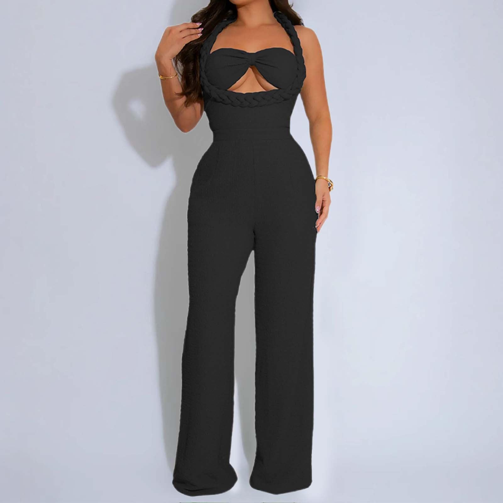 Jumpsuit Damen Sommer Lang, Overall Damen Elegant, Einfarbiges Ärmellos Playsuit Outfit Frauen Komplett, Romper Einteiler Kostüm, Hosenanzug Damen Festlich Moderne Kuschelig Damen Jumpsuit für Party