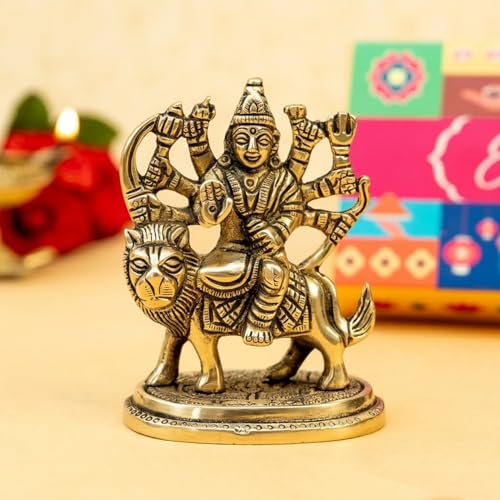 Image of Ekhasa 100% Pure Brass Durga Maa Idol with Gift Box | MATA Rani Murti Sherawali Goddess Statue for Pooja Room Home Decor Office Desk | Religious Housewarming Griha Pravesh Wedding Gift