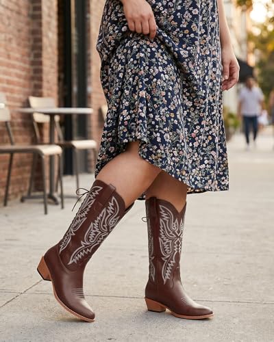 Image of Uillnoodu Wide Calf Cowboy Boots Women Adjustable Lace Up Knee High Tall Plus Size Cowgirl Boots Western Style Comfortable 2-Inch Heel