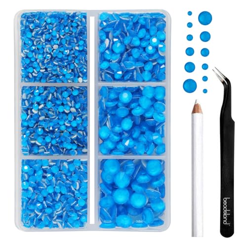 Image of BEADSLAND Hotfix Rhinestones, 4000 PCS Rhinestones for Clothes Crafts Mixed 6 Sizes with Wax Pencil and Tweezers Kit, SS6-SS30, Neon Blue