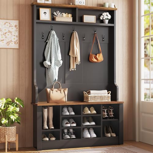Itaar Hall Tree with Bench and Shoe Storage, 3-in-1 Entryway Bench with Coat Rack, Hall Tree with Adjustable Shoe Storage and Hanging Hooks, White and Brown (Black)