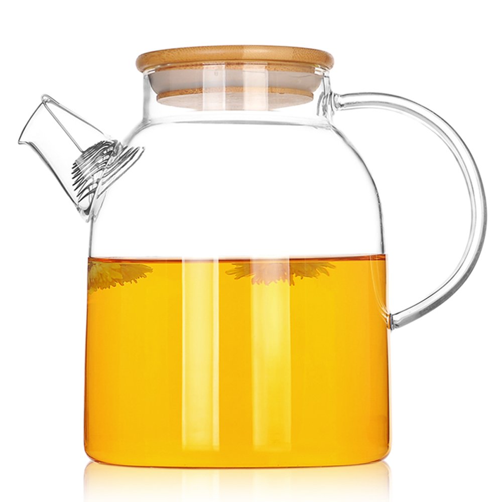 Théière en Verre Transparente 1500ML avec Filtre en Bambou et Acier Inoxydable