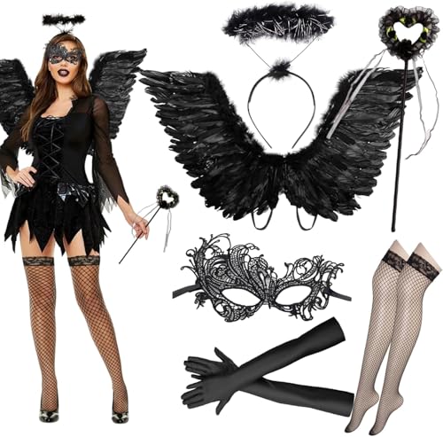 Henkodo Engelsflügel Schwarz 66cm,Teufel Kostüm,Engel kostüm Damen Mädchen Engel Haarreif Heiligenschein zauberstab Handschuhe Mask Karneval...