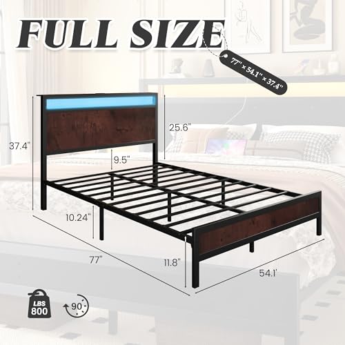 Image of Fluest Full Bed Frame with Headboard & Footboard, Full Bed Frame with Built-in Charging Station & LED Light, Storage Shelf, Noise-Free, No Box Spring Needed, Easy Assembly, Coffee Brown