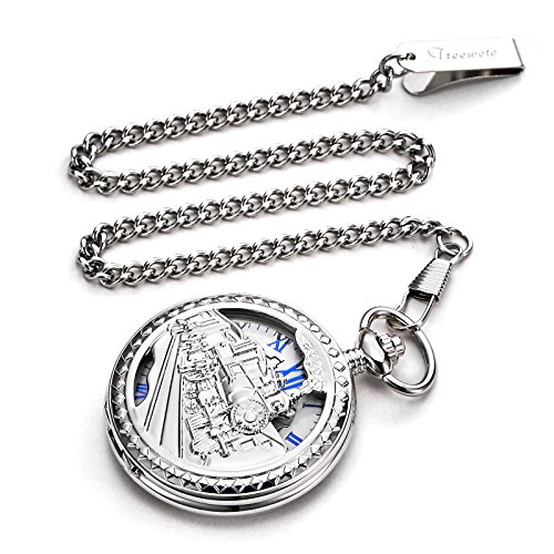 TREEWETO Antiek Mens Pocket Watch Skelet Mechanisch Hollow Brons Case 3D Steam Train Railroad Romeinse Numerals, Zilver055, Mechanisch - Afbeelding 4