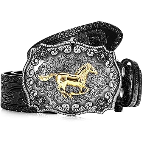 Xuniea Cowboy Western Leather Mens Belt Engraved Floral Buckle Belt Horse Design Buckle Belts for Men, Black, 1-1/2 Inch Wide, 45 Inch Long Cover
