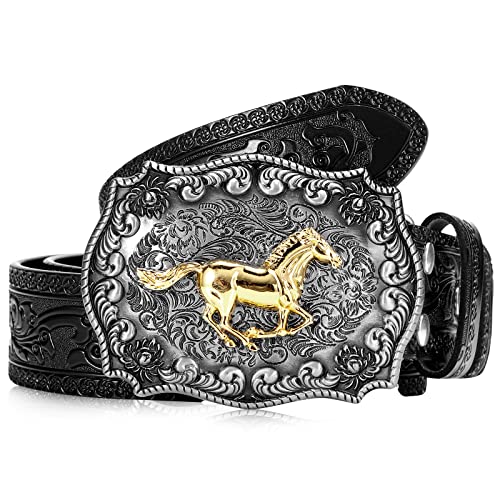 Xuniea Cinturón de Cuero de Flor Grabado Vaquero de Hombre Hebilla de Caballo, Negro, 3,8 cm de Ancho, 115 cm de Largo Cover