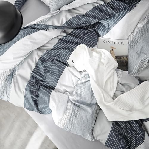 Image of Striped Comforter Set King Size, Blue Grey Stripes Pattern Printed Bedding Set, 3 Pieces Lightweight Bedding Comforter Set, Breathable Soft Fluffy Stripe Bed Set King Comforter with 2 Pillowcases