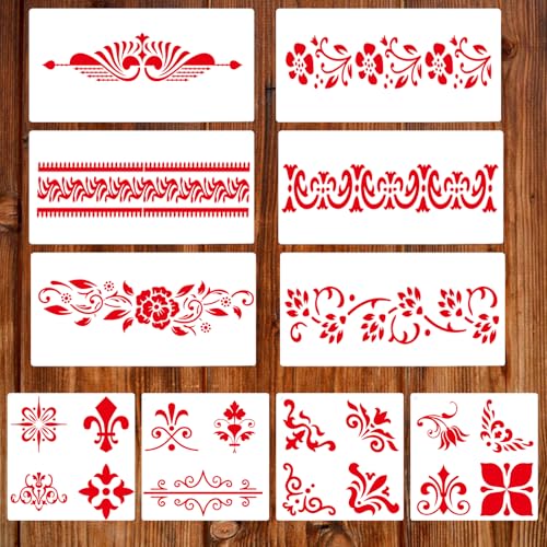 Qpout 10 Plantillas de Borde de Flores para pintar, diseño de tótem tribal de flores, plantillas de borde para pintar en paredes, muebles de madera, panel de porcelana, suelo, marco de fotos