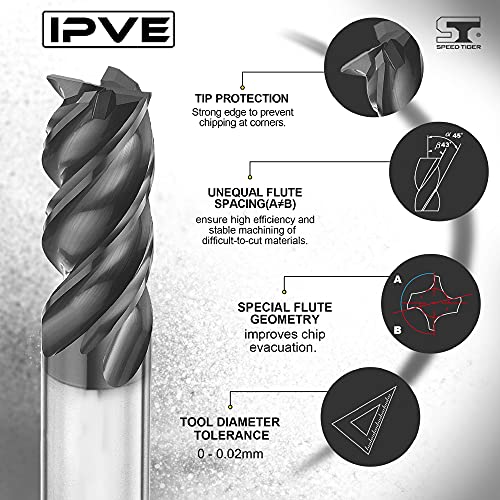 Speed Tiger Ipve Carbide Square End Mill For Stainless Steel - Unequal Flute Spacing & Helix Design - Anti-Vibration - 4 Flute - Ipve5/16"4 - Made In Taiwan (1 Piece, 5/16") #TOP1