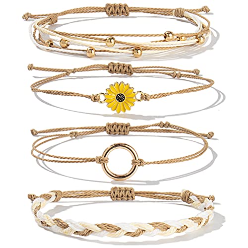 FANCY SHINY Sunflower String Bracelet Boho Braided Rope Wrap Bracelets Cute Summer Beach Surfer Jewelry for Women Stocking Stuffers Christmas Gifts(Sand)