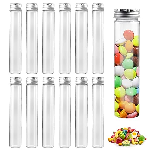 BJBJJIU Juego de 12 tubos de ensayo de 30 ml, tubos portaflor, tubos de laboratorio con tapa, para dulces, laboratorios, ciencia, flores, perlas (12 botellas - tapas plateadas)
