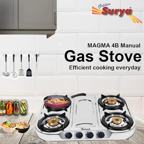 Image of GOLDEN SURYA Premium Stainless Steel | 4 Brass Burner | ISI Certified | 1 Year Warranty | Manual Ignition | PNG 4 Burner Gas Stove - Magma