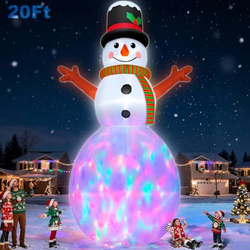 Image of 20FT Giant Christmas Inflatable Snowman with Colorful 3D Rotating Lights, Outdoor Blow Up Christmas Decorations, Huge Snowman Inflatables for Yard Lawn Holiday Xmas Party Decor